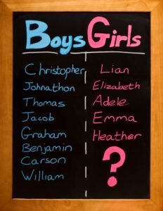 A chalkboard with the names of boys and girls.