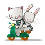 A cat and rabbit riding on the back of a scooter.