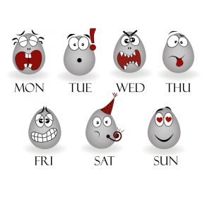 A series of eggs with different faces and expressions.