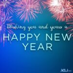 A blue background with fireworks and the words " wishing you and yours a happy new year ".