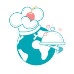 A cartoon of a chef holding a platter over the globe.