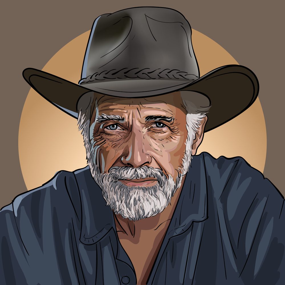 A drawing of an older man wearing a hat