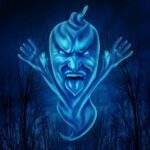 A blue painting of a demon with his arms outstretched.