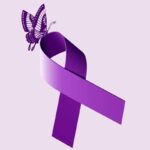 A purple ribbon with a butterfly on it.