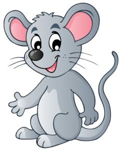 A mouse with pink ears and paws is smiling.