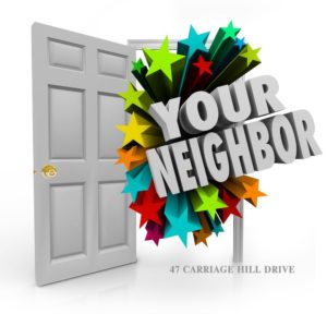 A door with the words " your neighbor " written on it.
