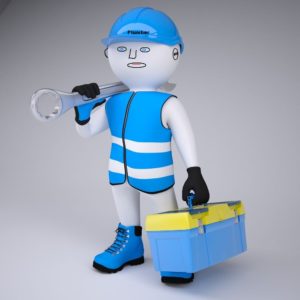 A toy man holding a wrench and carrying a tool box.