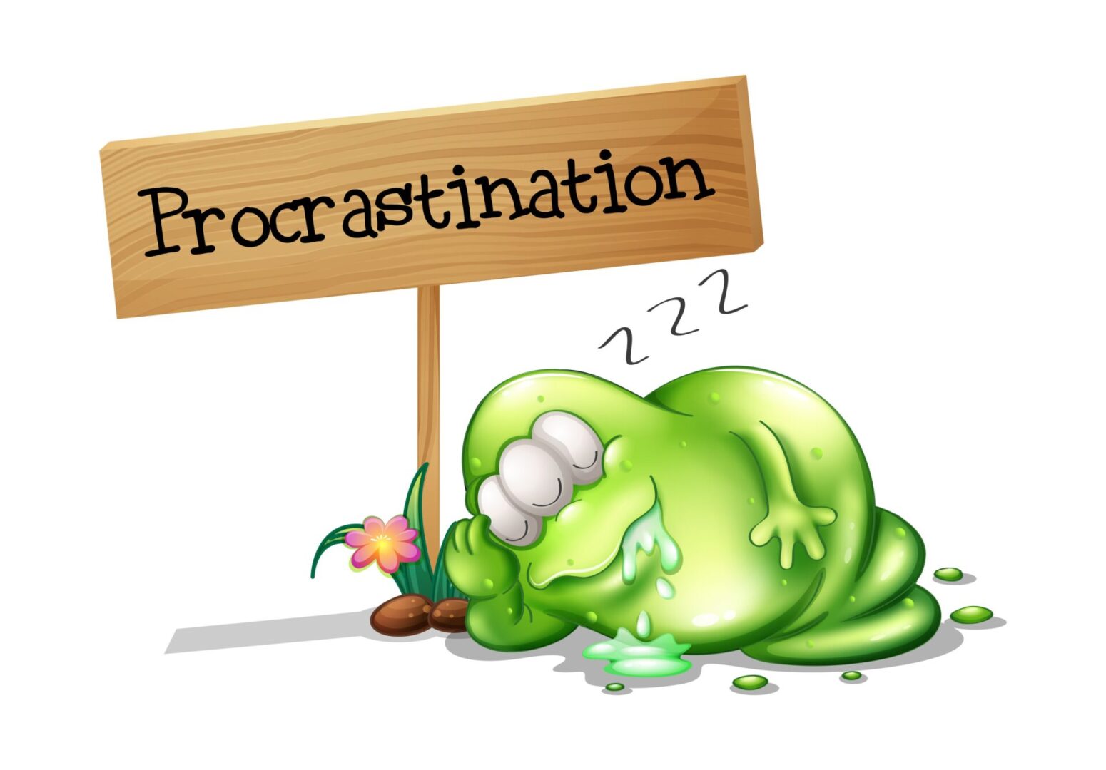 A cartoon of a frog with a sign that says procrastination.