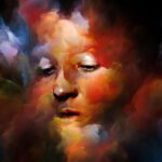 A painting of a woman 's face with colorful clouds in the background.