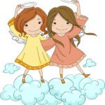 Two girls are standing on clouds and holding their arms up.