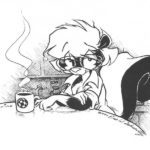 A black and white drawing of a cat drinking coffee