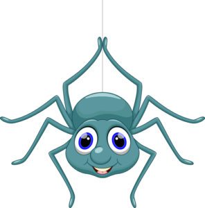 A cartoon of a spider hanging from the ceiling.