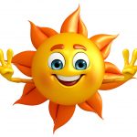 A sun character with hands in the air.