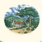 A painting of a house and trees in the background.