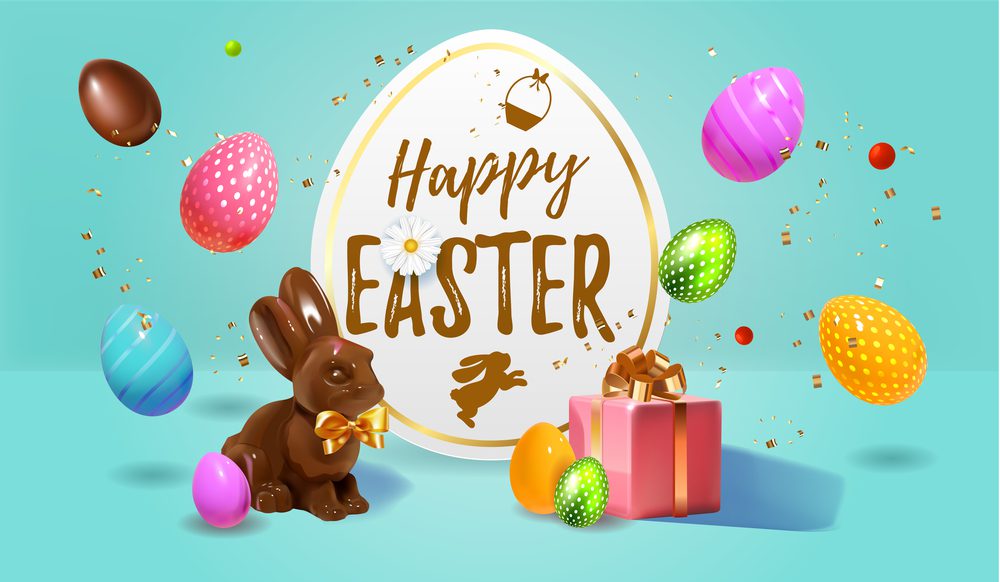 A happy easter greeting with chocolate bunny and eggs.