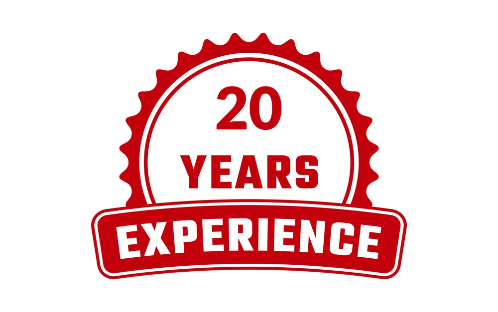 A red seal with the words 2 0 years experience.
