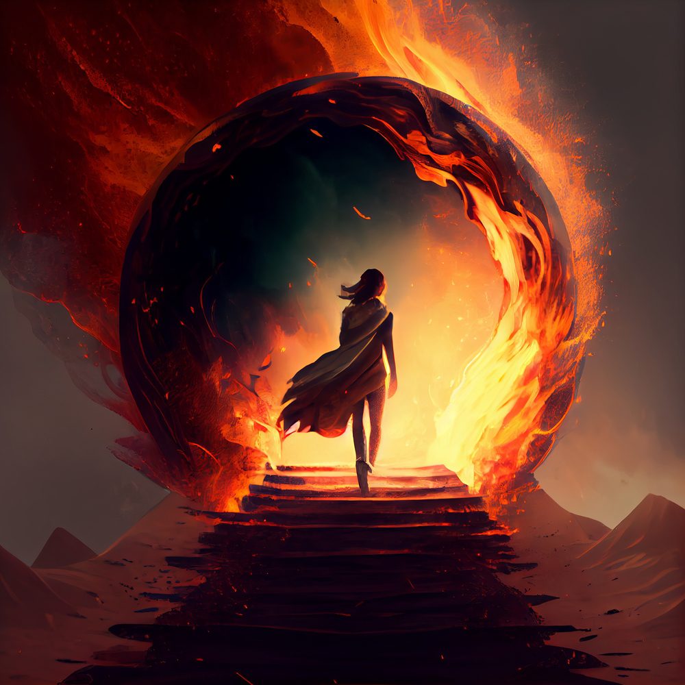 A woman walking up stairs towards an exploding ball.