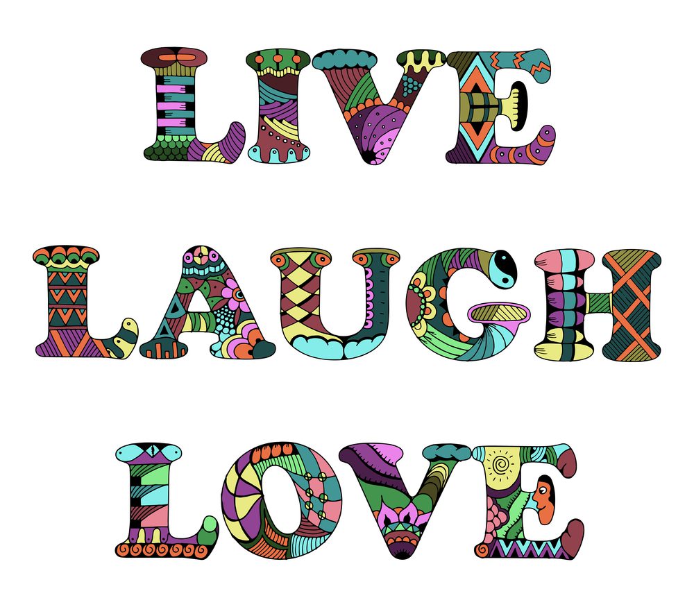 Words live, laugh, love zentangle stylized on white background, vector, illustration, freehand pencil. Abstractly drawn letters. Print for t-shirts.