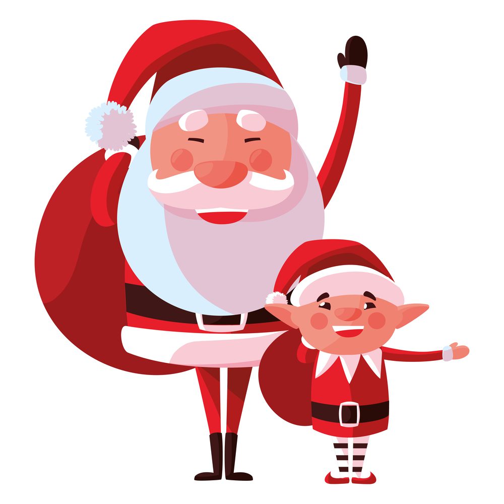 Santa claus and christmas elf over white background, vector illustration