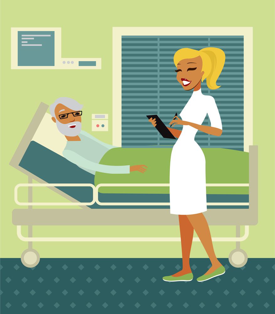 Nurse standing By elderly senior's Bed In Hospital