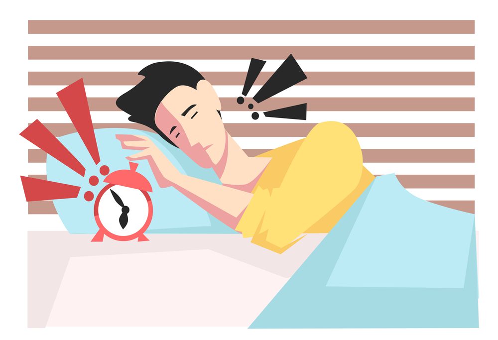 Morning stress from alarm clock, man waking up in bedroom vector. Deadline, late for work, overworked male character, stressed office worker. Time management concept, human tiredness and exhaustion