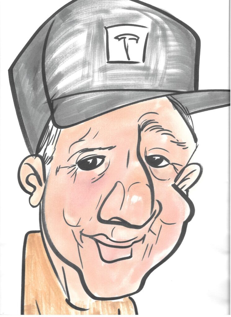 Smiling elderly man caricature in baseball cap