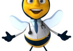 A bee doctor is standing with his hands in the air.