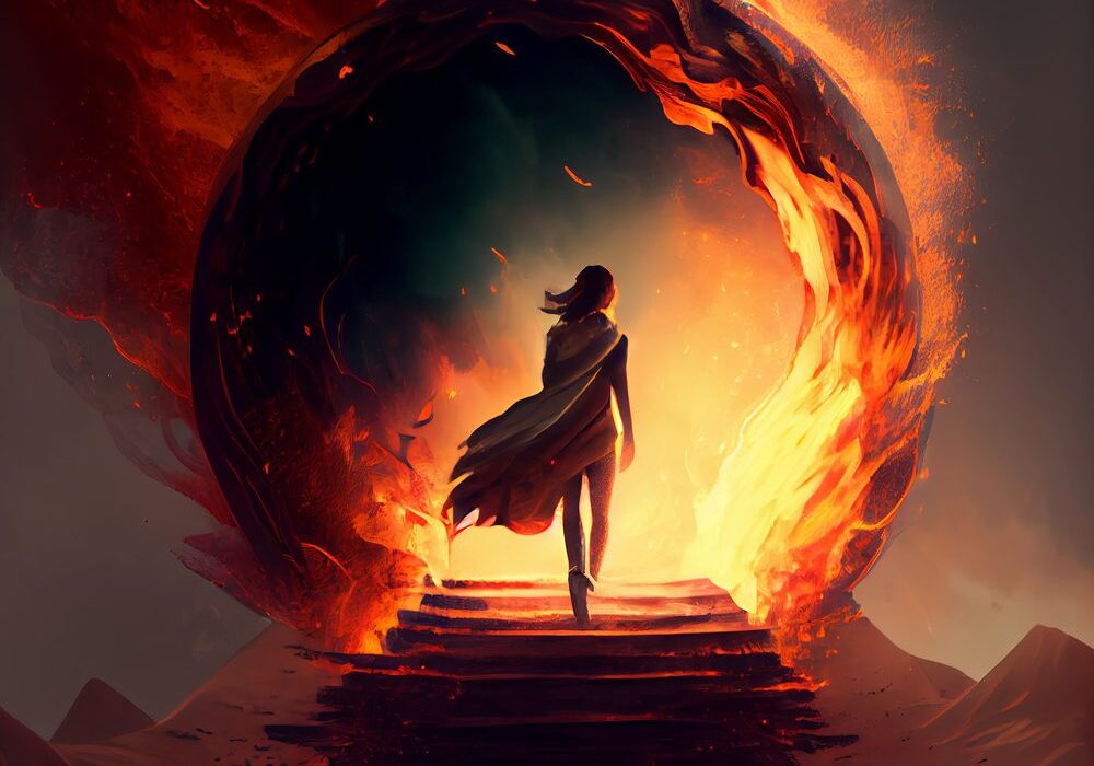 A woman walking up stairs towards an exploding ball.