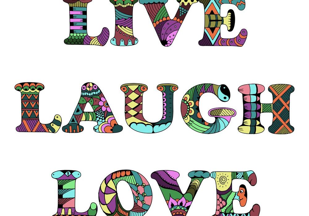 Words live, laugh, love zentangle stylized on white background, vector, illustration, freehand pencil. Abstractly drawn letters. Print for t-shirts.