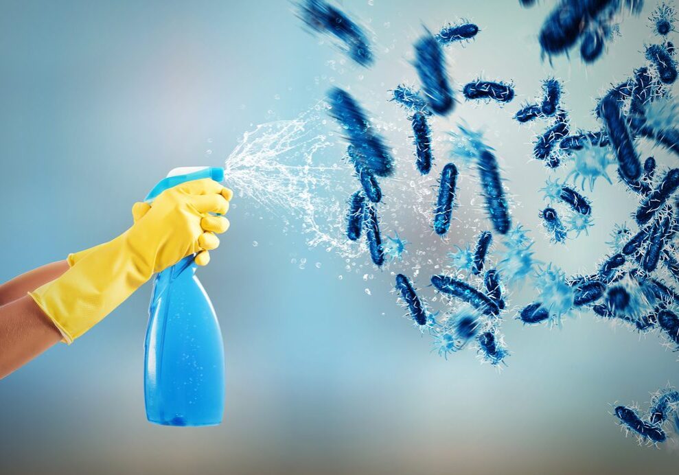 A hand in yellow gloves spraying blue goo on the ground.