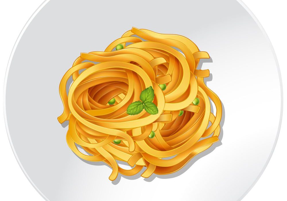 A plate of noodles on top of a white surface.