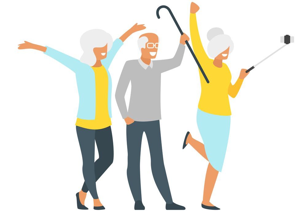 Vector flat style illustration of happy elderly old man and woman making selfie. Minimalism design with senior people silhouettes.