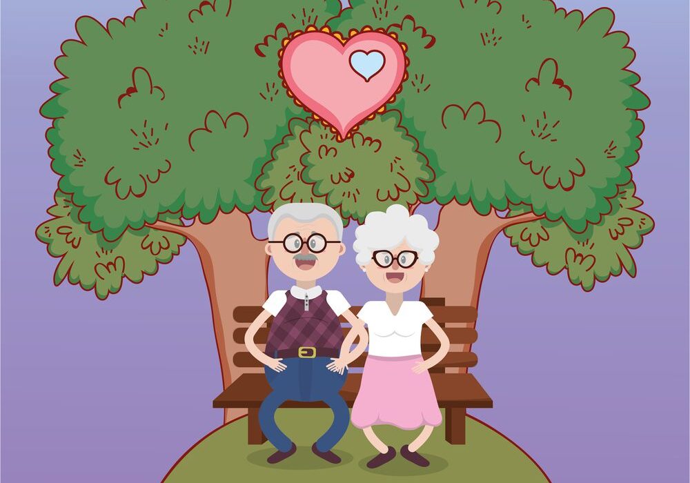 grandparents love couple together at park cartoon vector illustration graphic design