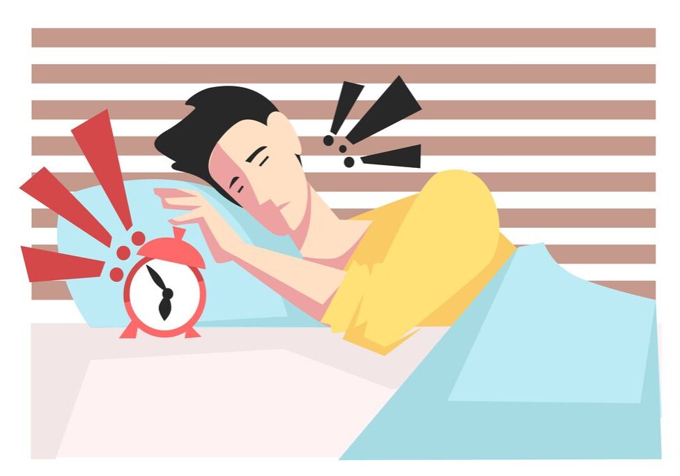 Morning stress from alarm clock, man waking up in bedroom vector. Deadline, late for work, overworked male character, stressed office worker. Time management concept, human tiredness and exhaustion