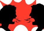 Two people talking to each other in a red and black graphic.