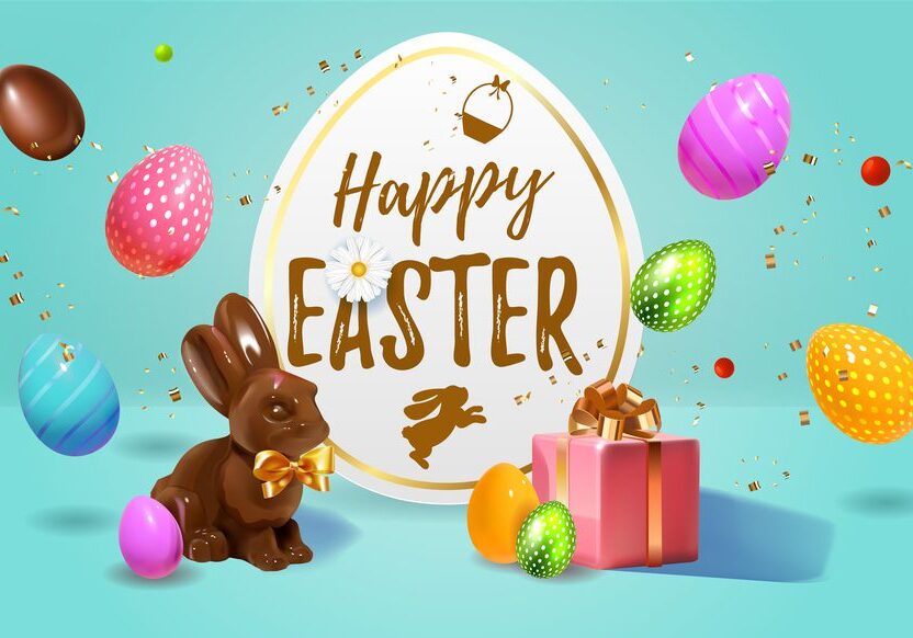 A happy easter greeting with chocolate bunny and eggs.