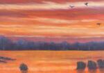 A painting of birds flying over the water