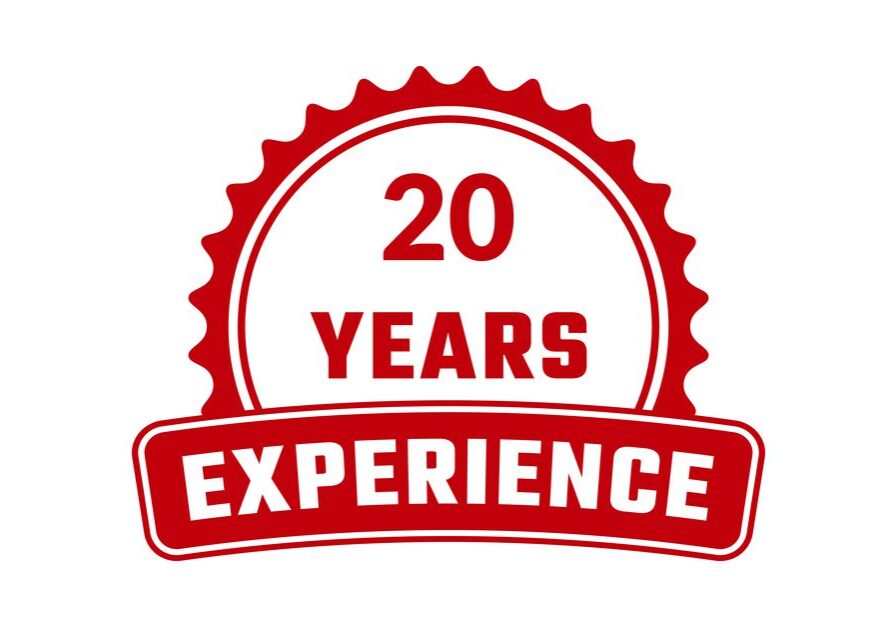 A red seal with the words 2 0 years experience.