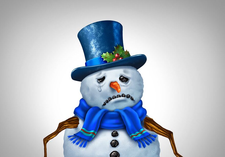 Holiday Depression And Stress as as a snowman representing the psychological issue of feeling blue during the winter season as a SAD or Seasonal Affective Disorder during the New Year.