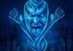 A blue painting of a demon with his arms outstretched.