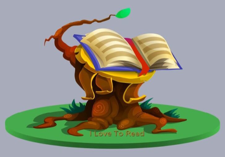 A tree with an open book on top of it.