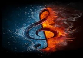 A treble clef is on fire and water.
