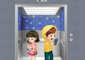 Illustration of the kids with gadgets at the elevator