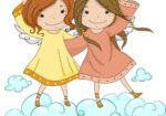 Two girls are standing on clouds and holding their arms up.