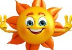 A sun character with hands in the air.