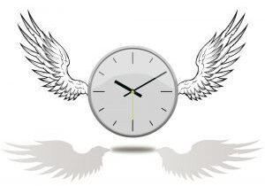 A clock with wings on it's face.